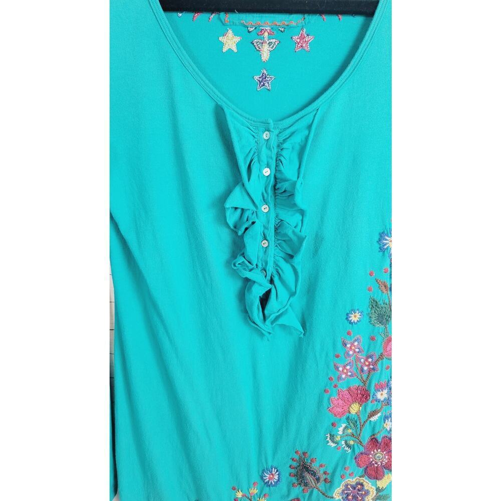 Johnny Was LA Embroidered Ruffle Button Front Teal Long Sleeve Blouse, sz Med - Picture 3 of 15
